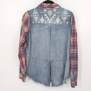 Miss Me Plaid Button Down Shirt Women Small Multicolor Denim Mixed Media Western